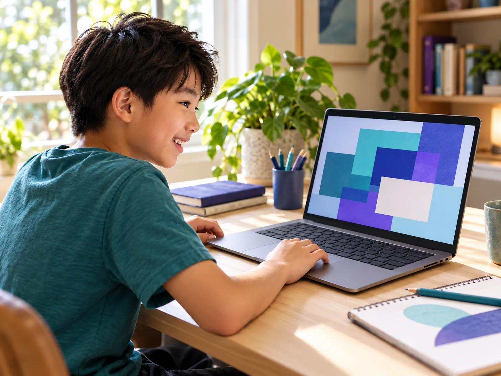 Young learner exploring a project on a laptop at home