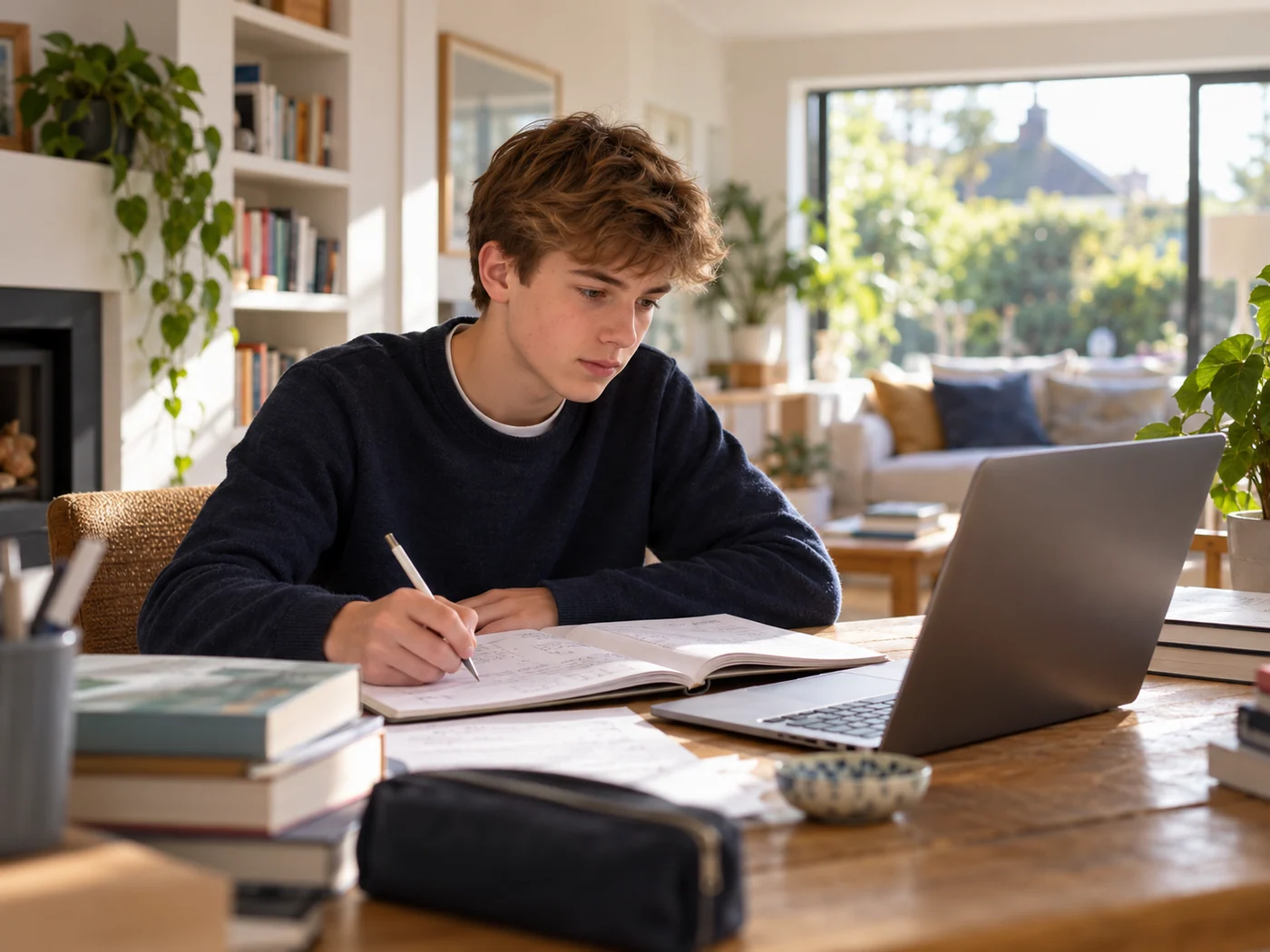 Teenager preparing for an exam at a home desk